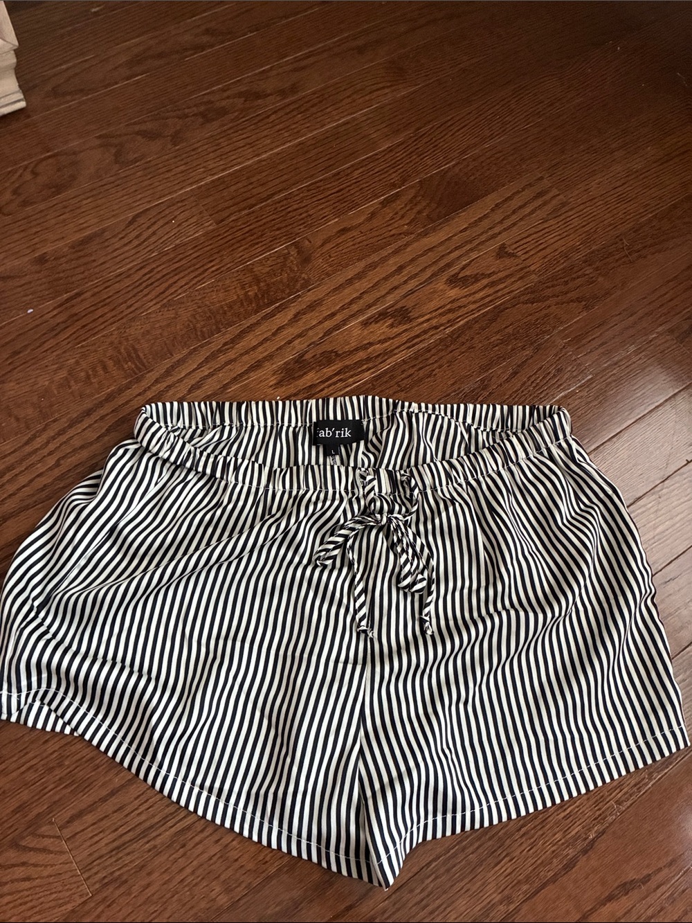 fab'rik Black and White Vertical Stripe High Waist Drawstring Shorts